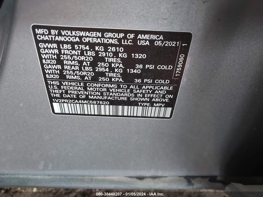 VIN 1V2PR2CA4MC587620 2021 VOLKSWAGEN ATLAS SE