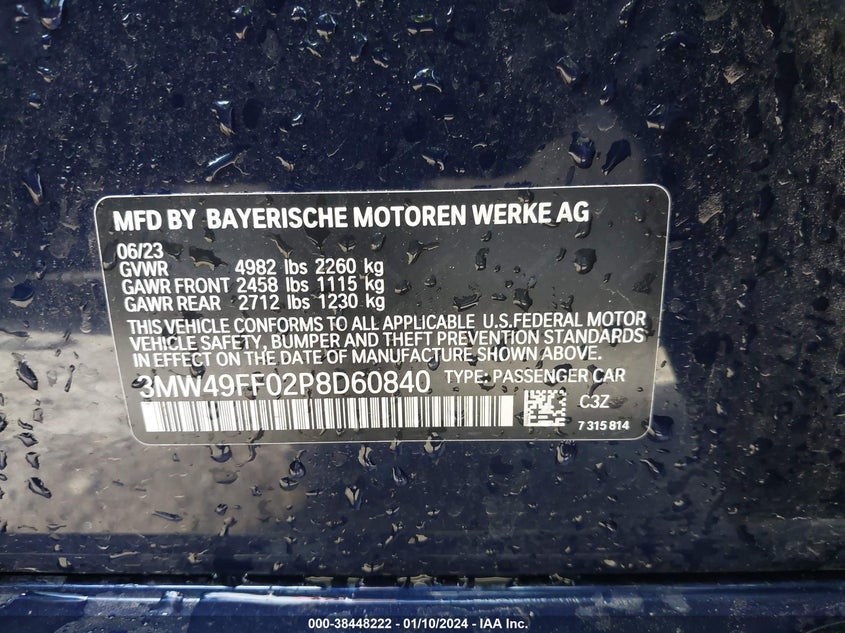 VIN 3MW49FF02P8D60840 2023 BMW 3 SERIES M340I XDRIVE