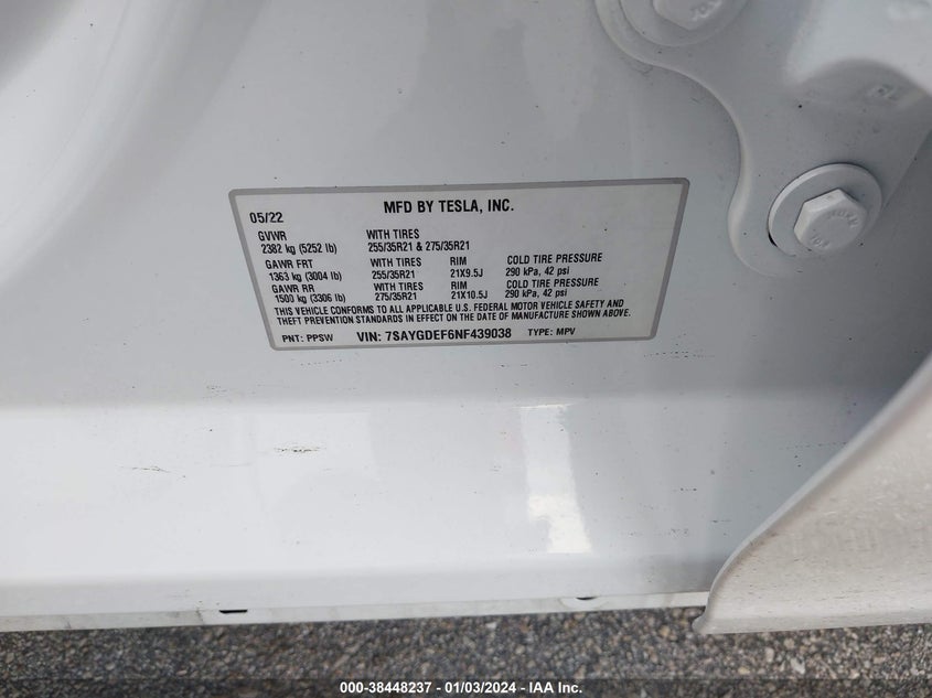 VIN 7SAYGDEF6NF439038 2022 TESLA MODEL Y PERFORMANCE DUAL MOTOR ALL-WHEEL DRIVE