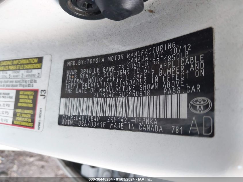 2013 TOYOTA COROLLA LE - 2T1BU4EE3DC960918
