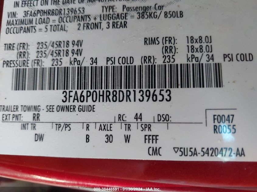 2013 FORD FUSION - 3FA6P0HR8DR139653