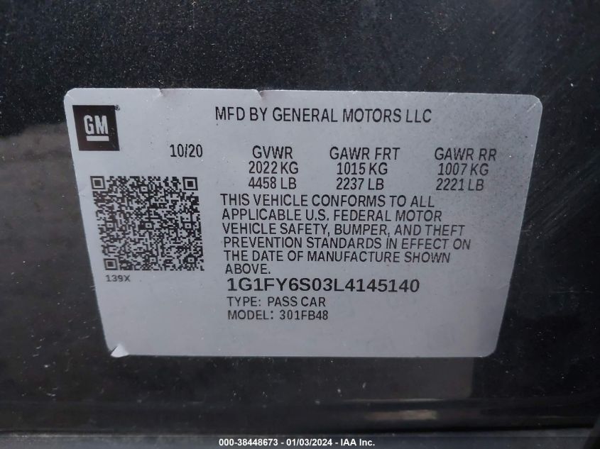 2020 CHEVROLET BOLT EV FWD LT - 1G1FY6S03L4145140