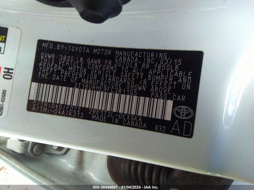 2015 TOYOTA COROLLA S PLUS - 2T1BURHE9FC381105