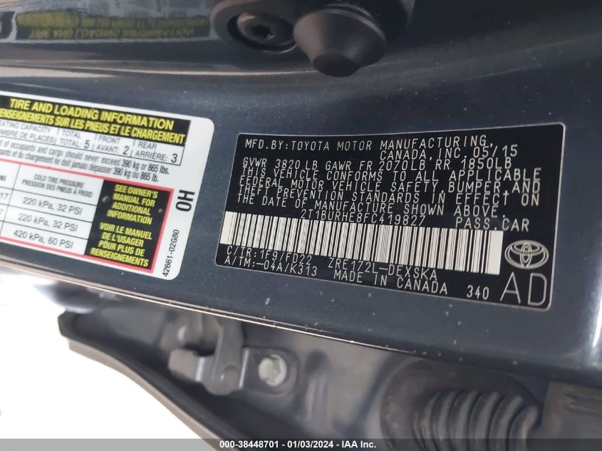 2015 TOYOTA COROLLA S PLUS - 2T1BURHE8FC419827