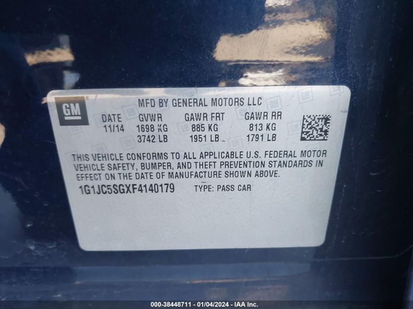 2015 CHEVROLET SONIC LT AUTO - 1G1JC5SGXF4140179