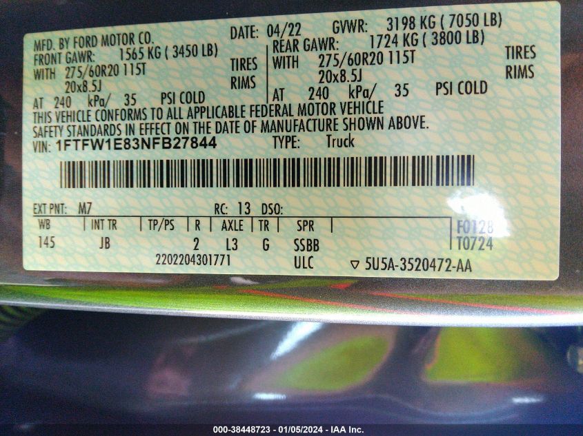 2022 FORD F-150 XL - 1FTFW1E83NFB27844
