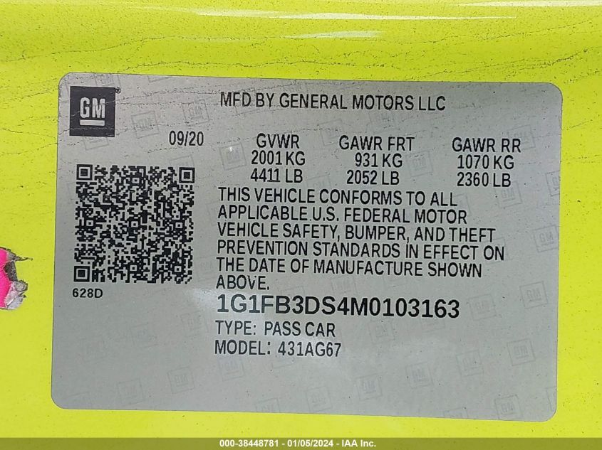 2021 CHEVROLET CAMARO LS/LT - 1G1FB3DS4M0103163