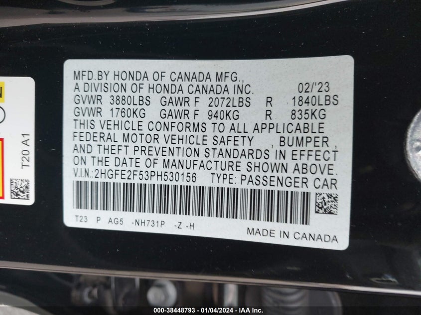 VIN 2HGFE2F53PH530156 2023 HONDA CIVIC SPORT
