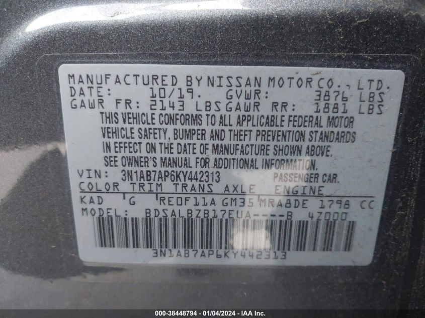 2019 NISSAN SENTRA S/SV/SR/SL - 3N1AB7AP6KY442313