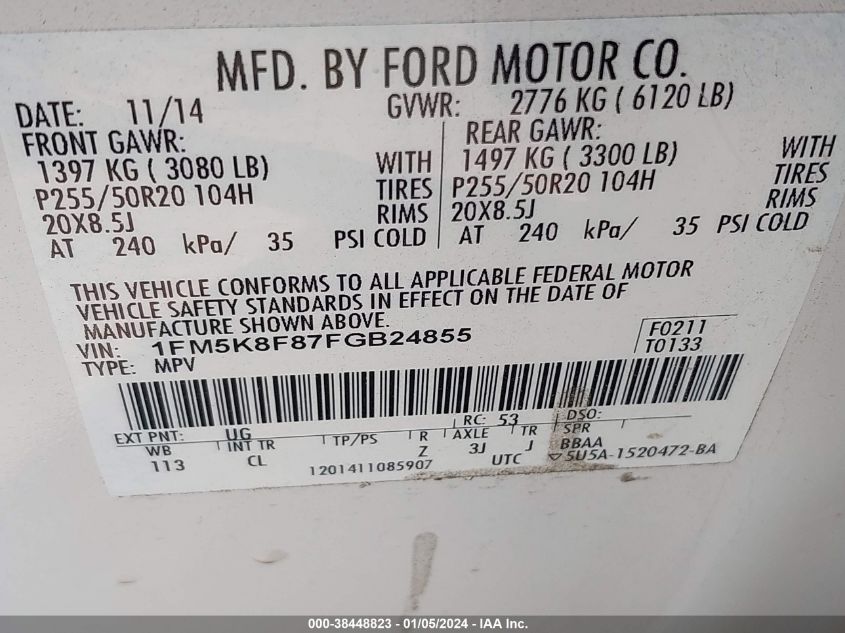 2015 FORD EXPLORER LIMITED - 1FM5K8F87FGB24855