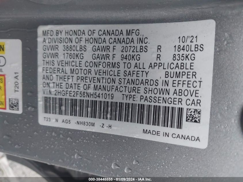 2022 HONDA CIVIC SPORT - 2HGFE2F58NH541019