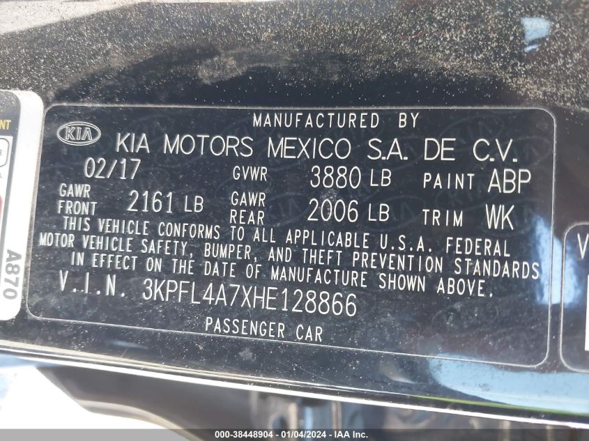 2017 KIA FORTE LX/S - 3KPFL4A7XHE128866