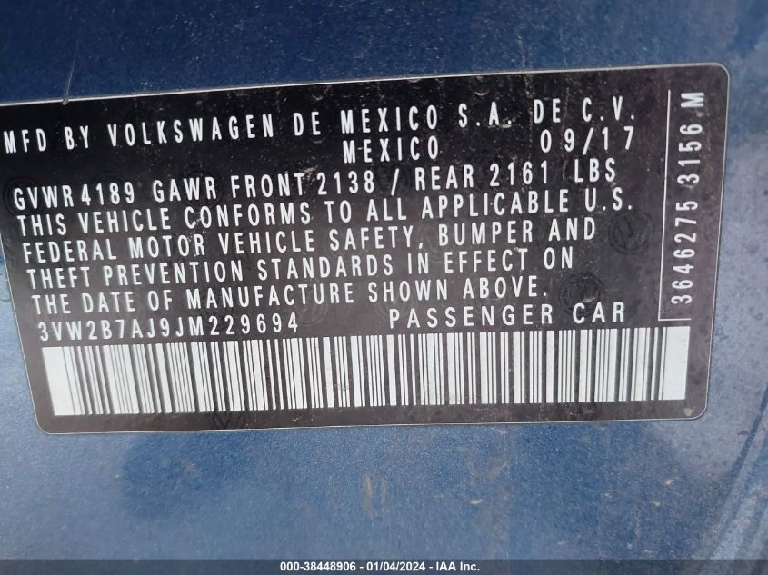 2018 VOLKSWAGEN JETTA S - 3VW2B7AJ9JM229694