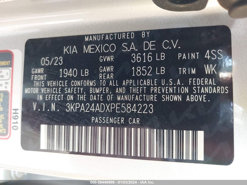 VIN 3KPA24ADXPE584223 2023 KIA RIO S