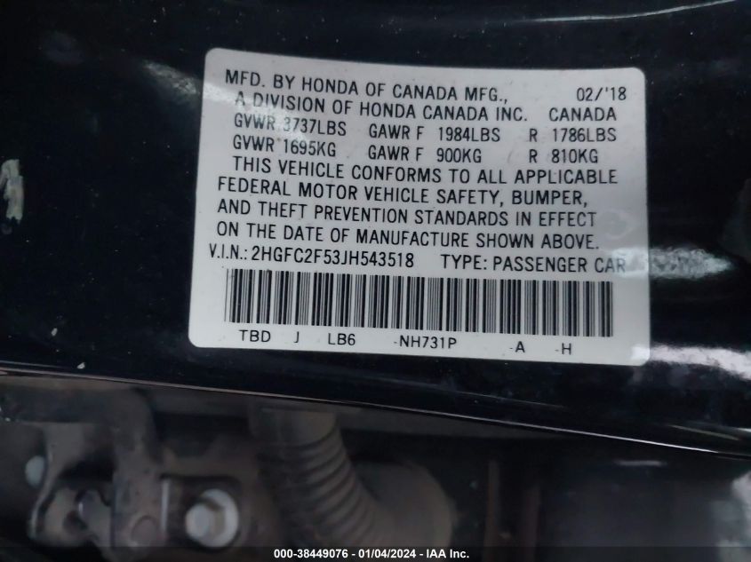 2018 HONDA CIVIC LX - 2HGFC2F53JH543518