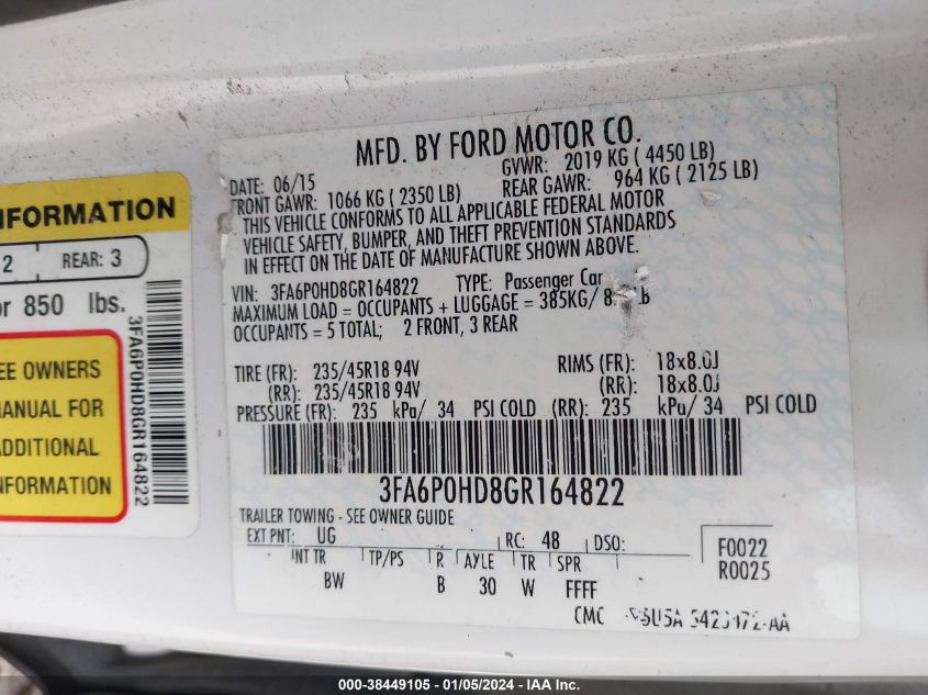 2016 FORD FUSION SE - 3FA6P0HD8GR164822