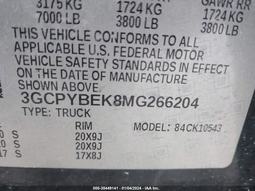 2021 CHEVROLET SILVERADO 1500 K1500 CUSTOM - 3GCPYBEK8MG266204