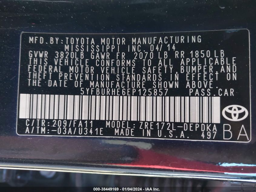 2014 TOYOTA COROLLA L/LE/S/S PLUS/LE PLUS/LE PREMIUM/S PREMIUM - 5YFBURHE6EP125857