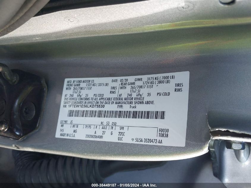 2020 FORD F-150 XLT - 1FTEW1E56LKD75530