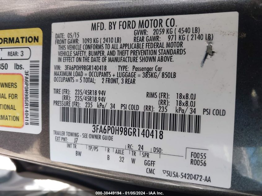 2016 FORD FUSION SE - 3FA6P0H98GR140418