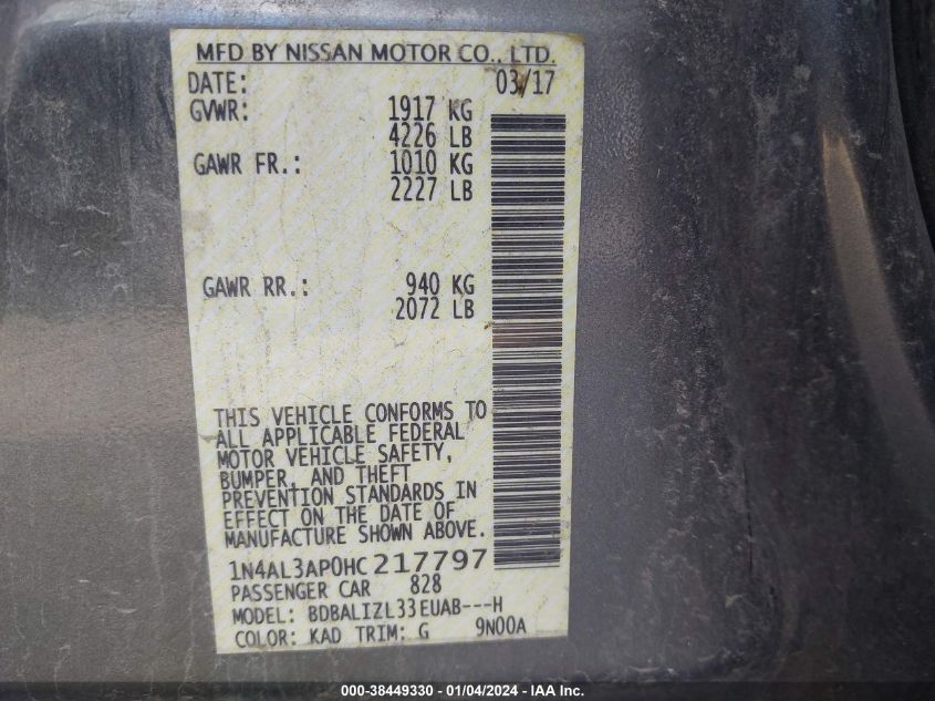 2017 NISSAN ALTIMA 2.5/S/SV/SL/SR - 1N4AL3AP0HC217797