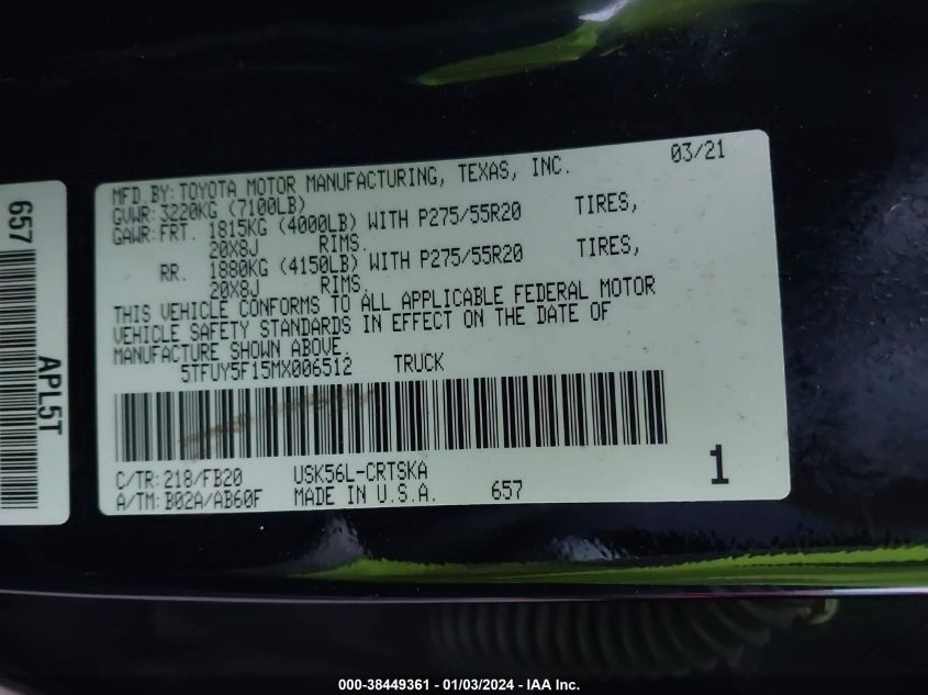 2021 TOYOTA TUNDRA SR5 - 5TFUY5F15MX006512