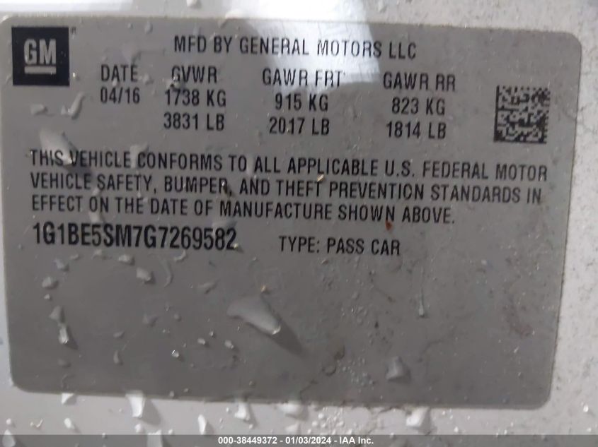2016 CHEVROLET CRUZE LT AUTO - 1G1BE5SM7G7269582
