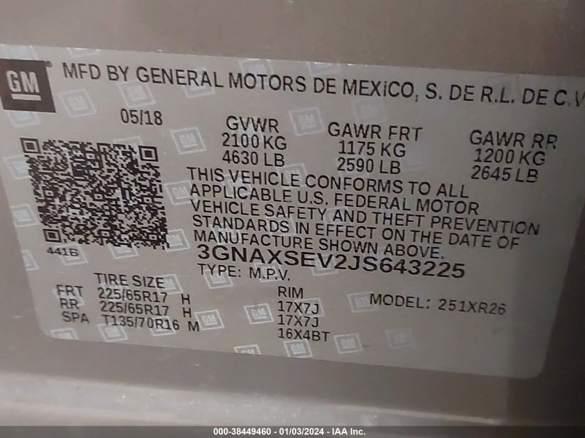 2018 CHEVROLET EQUINOX LT - 3GNAXSEV2JS643225