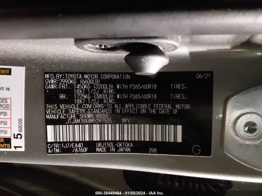 2021 LEXUS 460 PREMIUM JTJAM7BX8M5297505