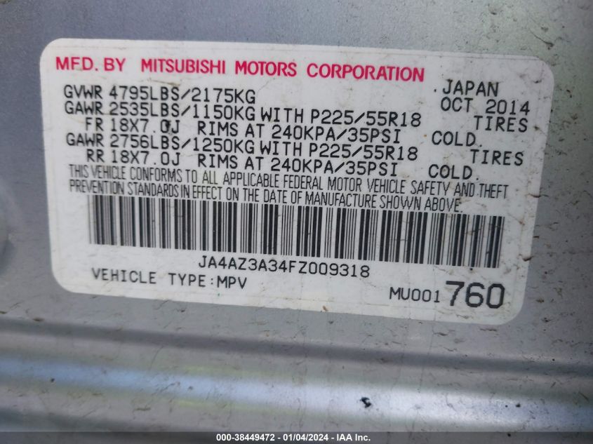 2015 MITSUBISHI OUTLANDER SE - JA4AZ3A34FZ009318