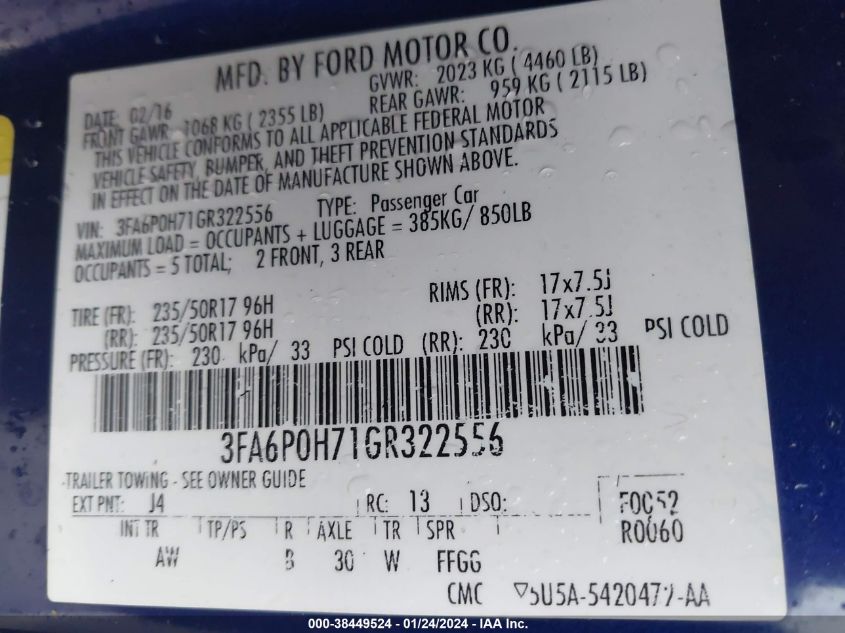 2016 FORD FUSION SE - 3FA6P0H71GR322556