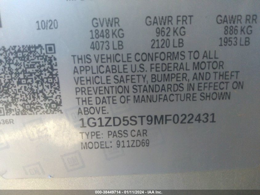 2021 CHEVROLET MALIBU LT - 1G1ZD5ST9MF022431