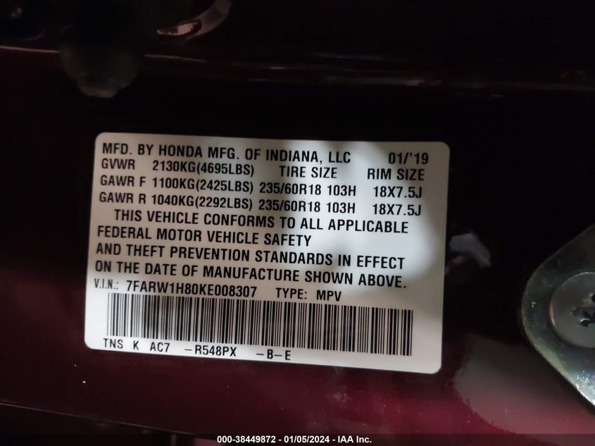 VIN 7FARW1H80KE008307 2019 HONDA CR-V EX-L