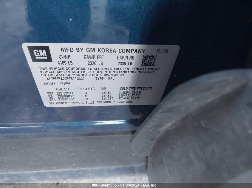 VIN KL79MPS2XMB113447 2021 CHEVROLET TRAILBLAZER LT