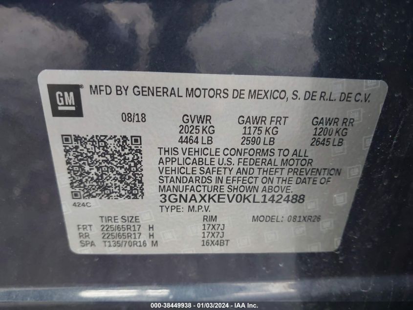 2019 CHEVROLET EQUINOX LT - 3GNAXKEV0KL142488