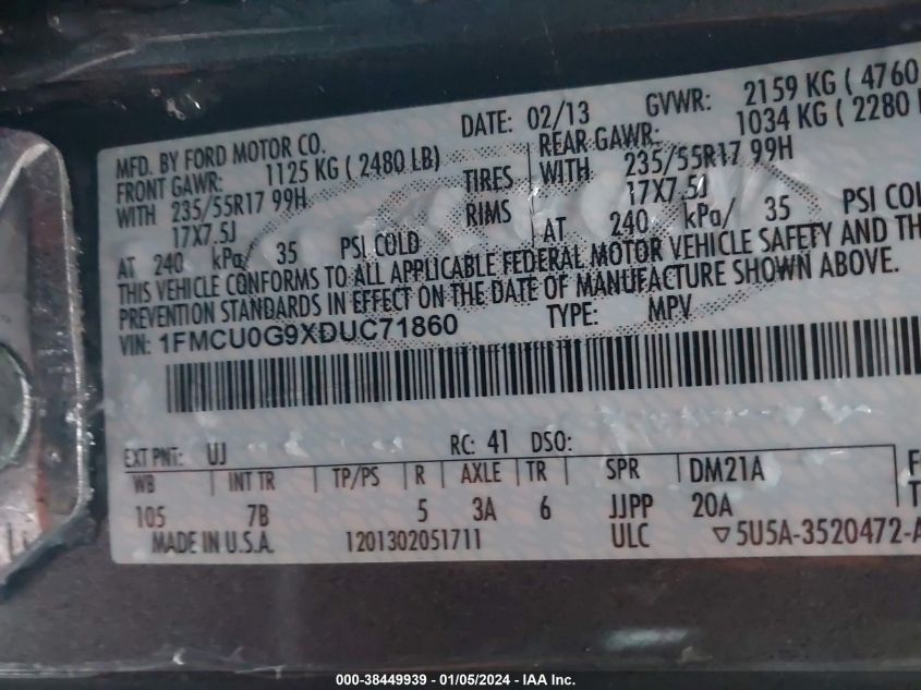 2013 FORD ESCAPE SE - 1FMCU0G9XDUC71860