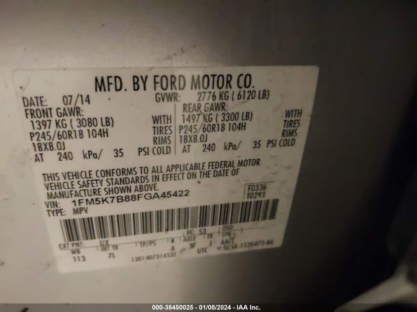 2015 FORD EXPLORER - 1FM5K7B88FGA45422