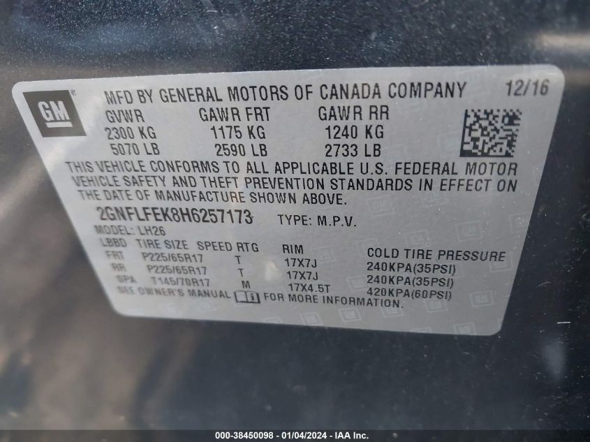 2017 CHEVROLET EQUINOX LT - 2GNFLFEK8H6257173