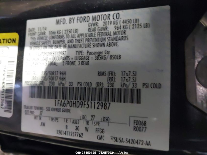 2015 FORD FUSION SE - 1FA6P0HD9F5112987