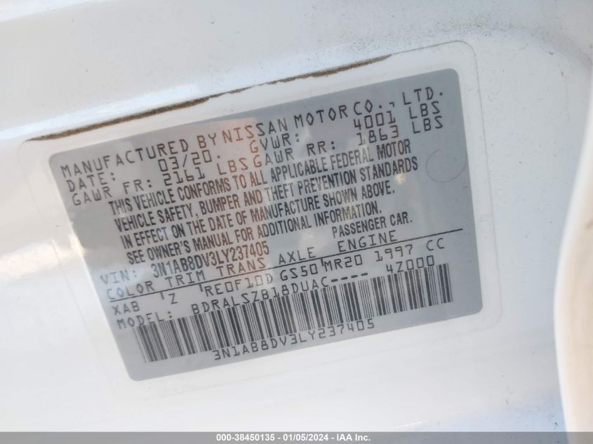 2020 NISSAN SENTRA SR XTRONIC CVT - 3N1AB8DV3LY237405