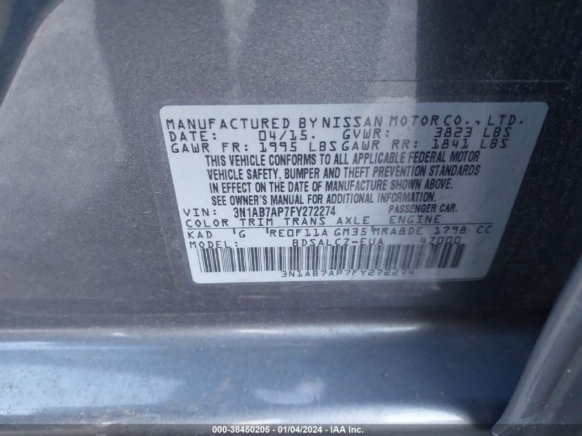 2015 NISSAN SENTRA S - 3N1AB7AP7FY272274