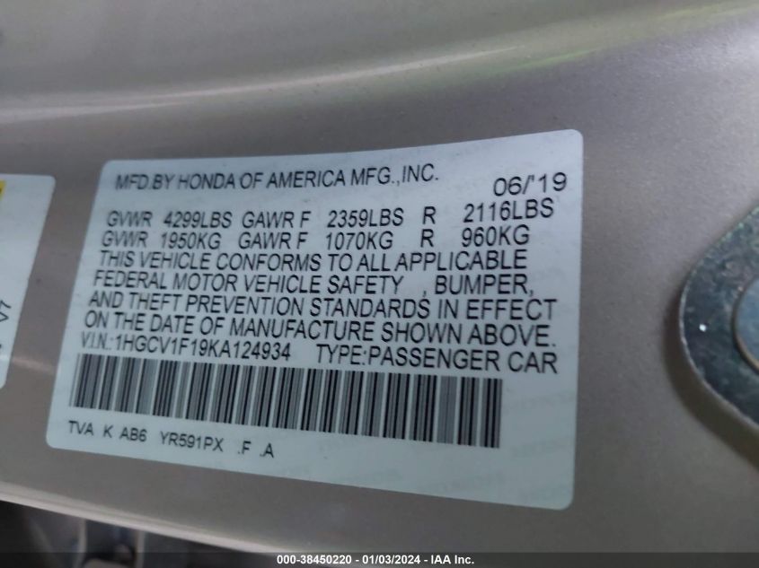 2019 HONDA ACCORD LX - 1HGCV1F19KA124934