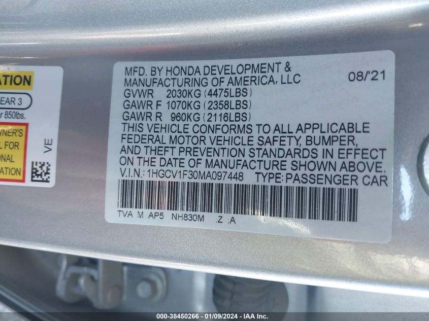 2021 HONDA ACCORD SPORT - 1HGCV1F30MA097448