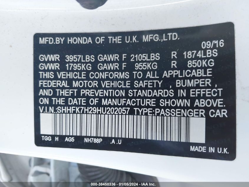 2017 HONDA CIVIC LX - SHHFK7H29HU202057