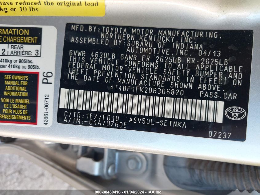 2013 TOYOTA CAMRY LE - 4T4BF1FK2DR306820