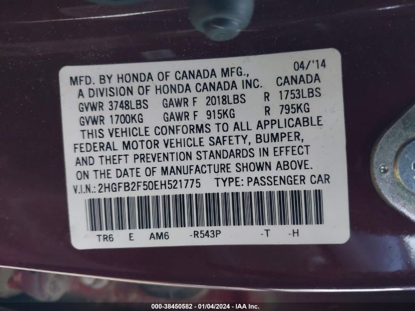 2014 HONDA CIVIC LX - 2HGFB2F50EH521775