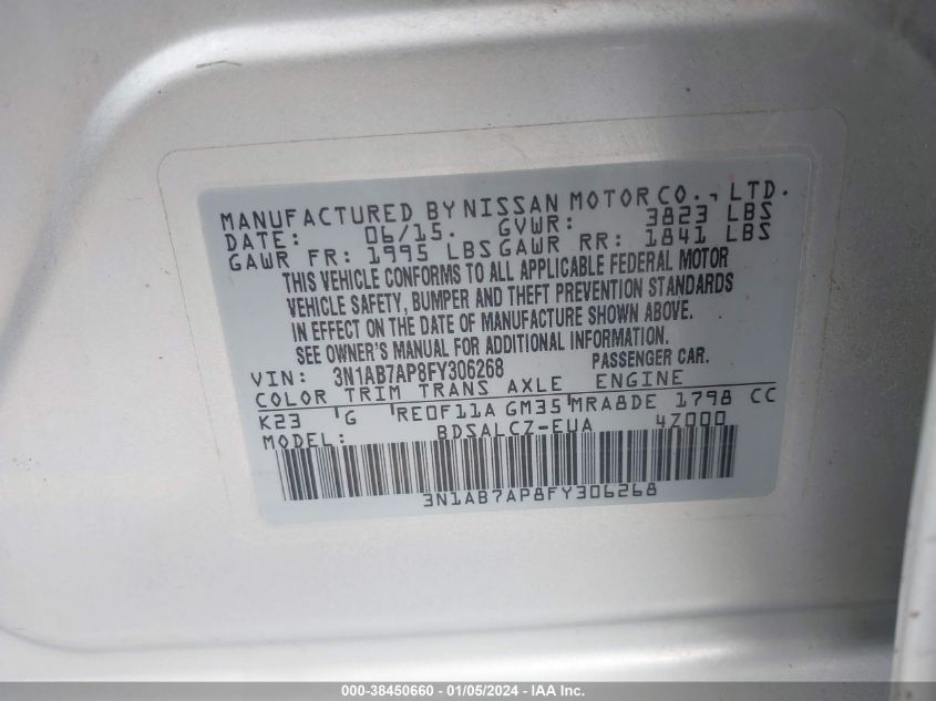 2015 NISSAN SENTRA S/SV/SR/SL - 3N1AB7AP8FY306268