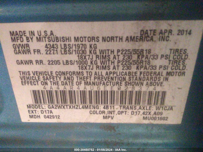 2014 MITSUBISHI OUTLANDER SPORT SE - 4A4AR4AU6EE028374