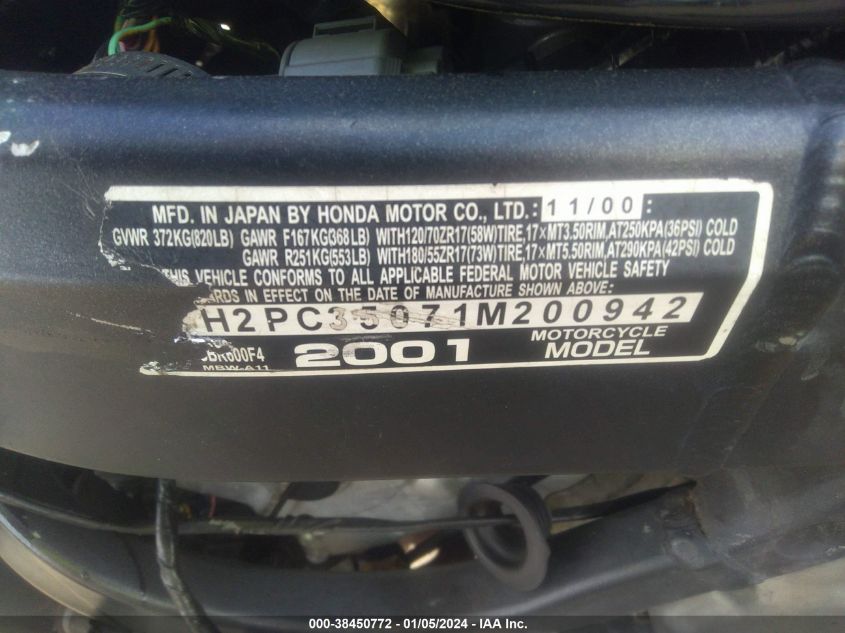 2001 HONDA CBR600 F4 - JH2PC35071M200942