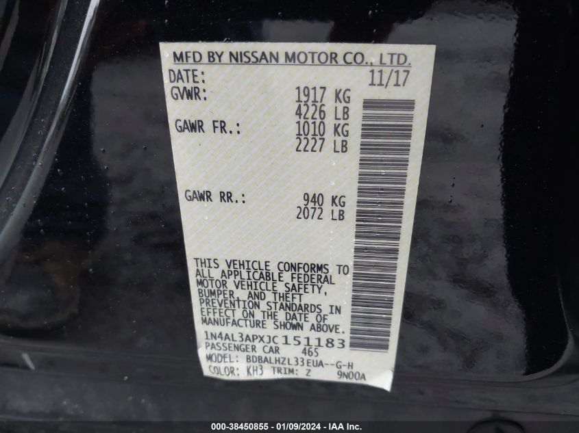 2018 NISSAN ALTIMA 2.5/S/SV/SL/SR - 1N4AL3APXJC151183